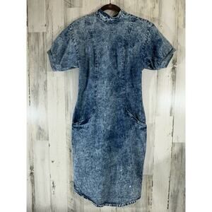 Landon West Acid Wash Denim Dress Vintage Size 9 Bodycon Fitted Button Back READ